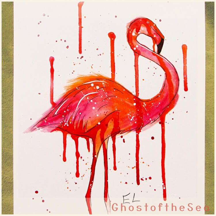 Photo of an A4 watercolour painting of a flamingo in bright vibrant red, pink and orange, with drips and splatters of paint, and black and white ink for details.