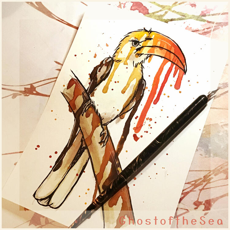 Photo of an A5 painting of a red billed hornbill perched on a branch, with it's natural colours of white, dark brown, yellow and orange. Drips and splatters of paint almost make it look like the colours are melting off the bird.