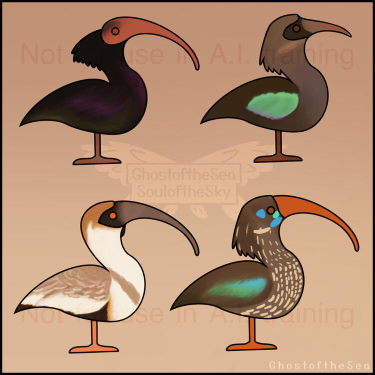 Digital illustrations of 4 different species of ibis on a beige background.