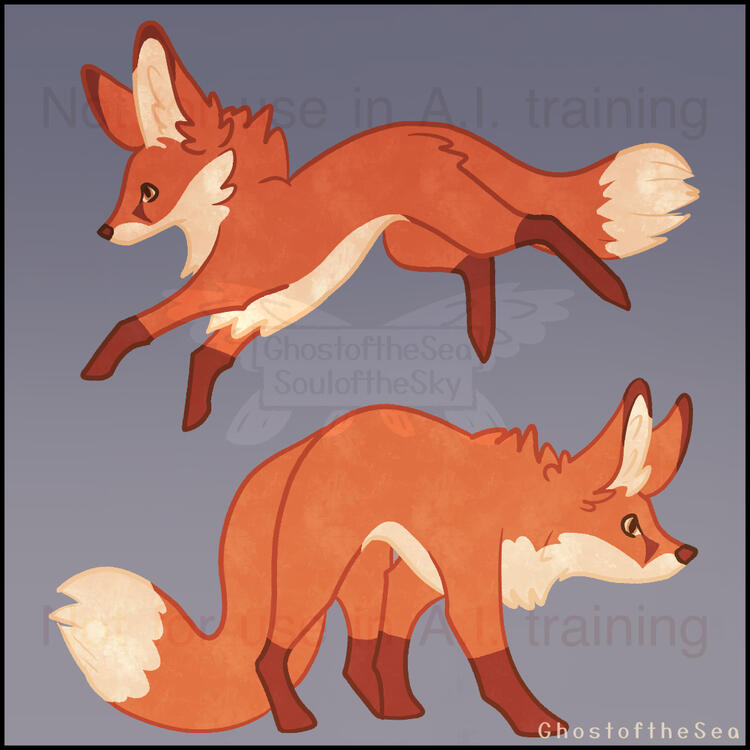 Digital illustrations of red foxes in playful poses over a grey-blue background.