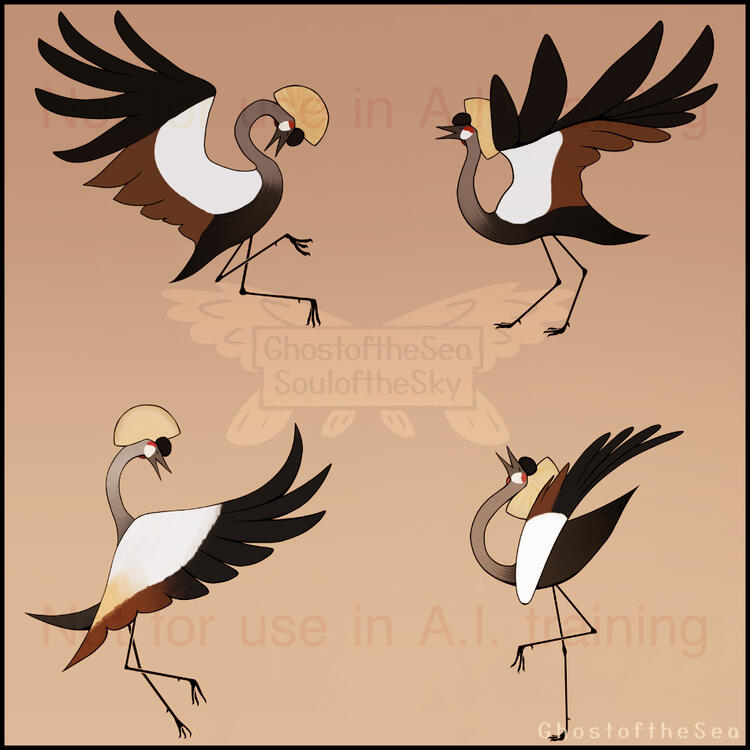 A digital pattern with a beige background featuring 4 grey crowned cranes each in a different crane "dance" pose.