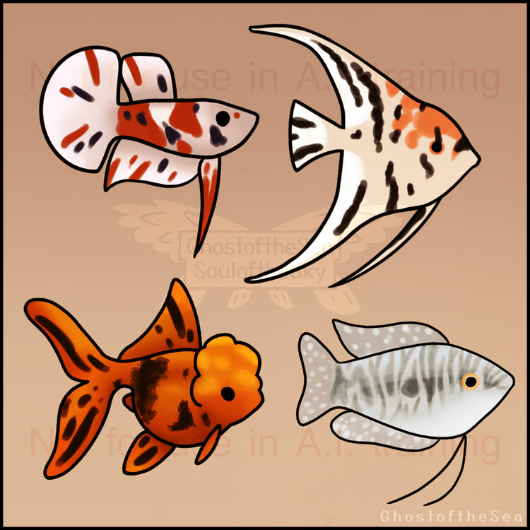 Digital illustrations depicting 4 different freshwater fish varieties on a beige background.
